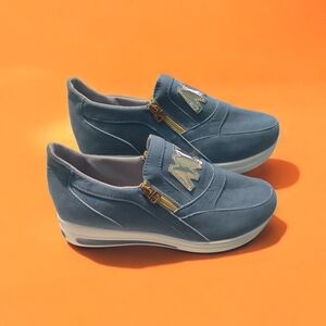 Blue and Gold Sneakers with Velcro Strap and Cushioned Sole